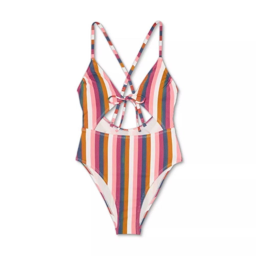Xhilaration Multi Stripe Medium Juniors' Ribbed Tie-Front One Piece Swimsuit - Picture 3 of 8